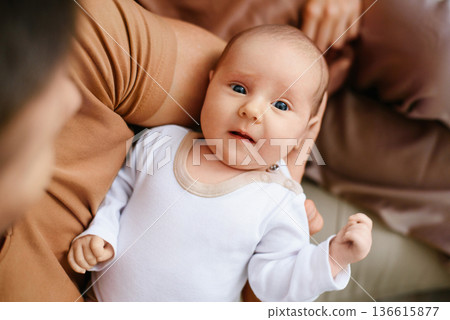 Calm Newborn Baby Lying In Parents Arms Calm Newborn Baby Lying In Parents Arms 136615877