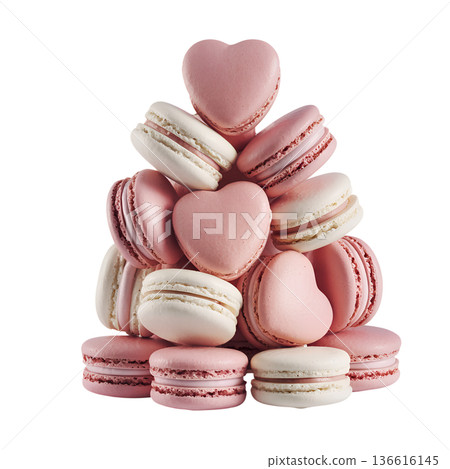 Pyramid tower of delicate pink and white french macarons, with several heart-shaped cookies for a romantic touch. Perfect for valentine's day, weddings, and elegant dessert displays 136616145