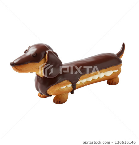 Adorable dachshund-shaped eclair pastry with shiny chocolate glaze and cream filling, perfect for dog lovers, pet-themed parties, and creative desserts 136616146