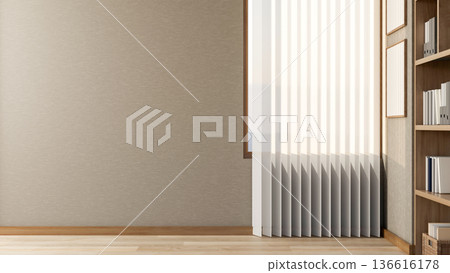Wooden bookshelf and blinds curtain covered window in a bright living room or parquet floor library. Wooden bookshelf and blinds curtain covered window in a bright living room or parquet floor library. 136616178
