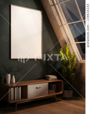 Blank frame on green wall and table on wooden parquet floor under roof window in attic room at night 136616183