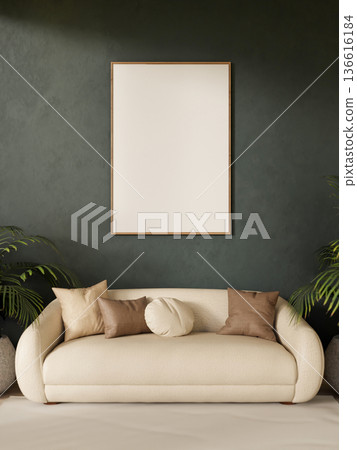 Blank frame hanging on dark green wall over white leather sofa on carpet floor aside stone pot plant Blank frame hanging on dark green wall over white leather sofa on carpet floor aside stone pot plant 136616184