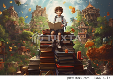 happy schoolboy sitting on the top of large books stack, surrounded with houses on green mountains, neural network generated image happy schoolboy sitting on the top of large books stack, surrounded with houses on green mountains, neural network generated image 136616213
