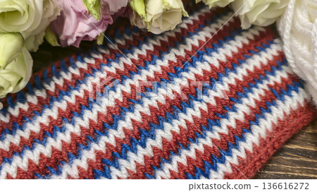 Colorful knitted fabric suitable for home decor, fashion or textile. pattern. 136616272