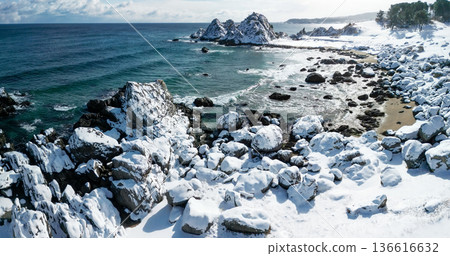 青森縣八戶市雪景種佐海岸 136616632