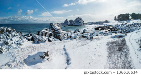 青森縣八戶市雪景種佐海岸 青森縣八戶市雪景種佐海岸 136616634