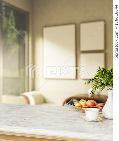 Apples in glass plate and coffee cup aside ceramic vase on marble counter across blurred living room 136616644