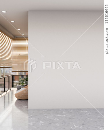 White wall on grey marble floor corridor hallway to corner balcony with woven chair and wooden blind 136616663