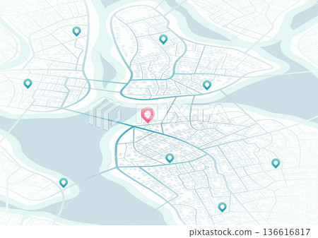 Abstract navigation plan of the urban area. General city map indicating streets, roads, and buildings. Extensive city scheme featuring points of interest. Colored flat, editable vector illustration Abstract navigation plan of the urban area. General city map indicating streets, roads, and buildings. Extensive city scheme featuring points of interest. Colored flat, editable vector illustration 136616817