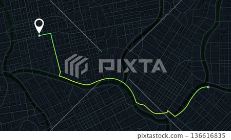 Dark mode city navigation map with green tracking route and white location pin on urban street plan. Vector illustration. Dark mode city navigation map with green tracking route and white location pin on urban street plan. Vector illustration. 136616835