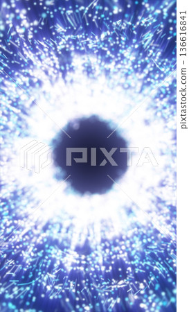 Blue particle explosion forming a luminous vortex with dark center, cosmic portal and energy burst abstract background Blue particle explosion forming a luminous vortex with dark center, cosmic portal and energy burst abstract background 136616841