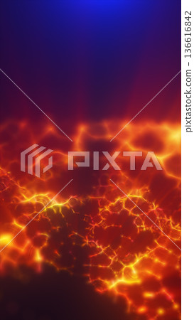 Intense glowing red and orange lava texture with bright molten cracks under a contrasting cool blue sky Intense glowing red and orange lava texture with bright molten cracks under a contrasting cool blue sky 136616842