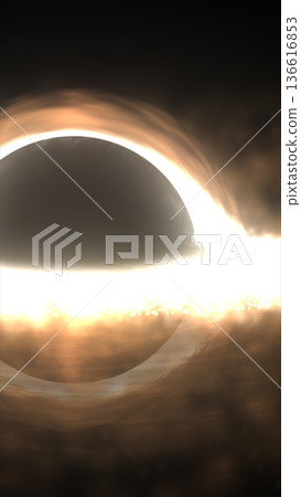 Dramatic black hole eclipse with intense glowing accretion ring and cosmic dust, symbolizing gravity, space, and astrophysics 136616853