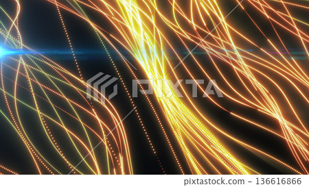 Abstract multicolor light streams with glowing particle lines, blending green and orange tones to represent dynamic energy flow and digital motion Abstract multicolor light streams with glowing particle lines, blending green and orange tones to represent dynamic energy flow and digital motion 136616866