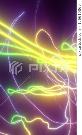 Multicolored neon light trails swirling across a dark background, forming energetic abstract wave patterns 136616869