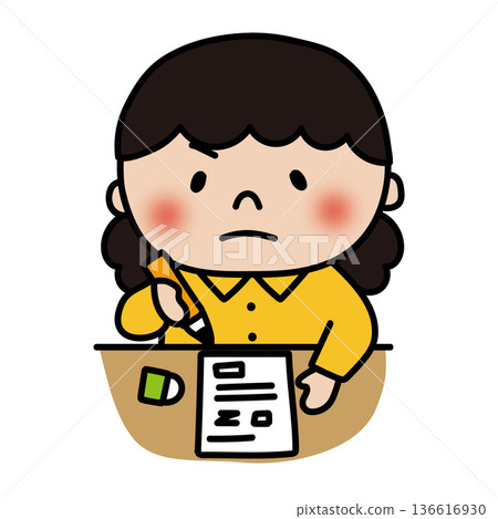 A fluffy, curly-haired girl taking a test A fluffy, curly-haired girl taking a test 136616930