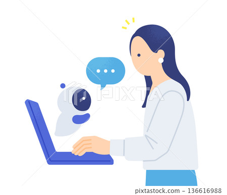 一位女士正在筆記型電腦上進行研究。人工智慧回答問題的向量圖。 136616988