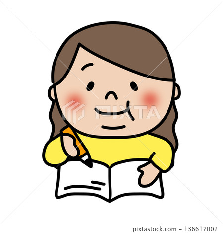 A chubby, long-haired girl studying 136617002