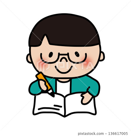 一個頭髮柔順、戴著眼鏡的男孩正在學習 一個頭髮柔順、戴著眼鏡的男孩正在學習 136617005