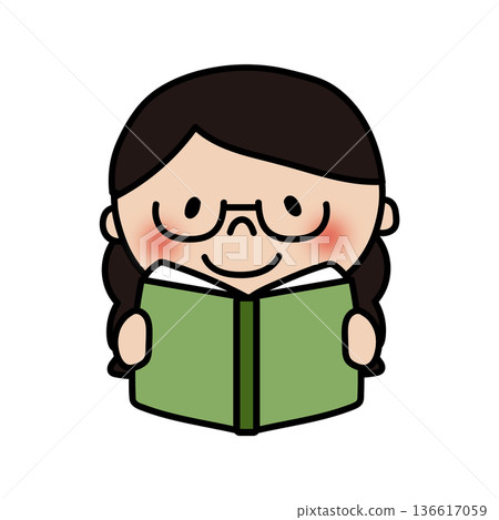 一個綁著辮子、戴著眼鏡的女孩在看書 136617059