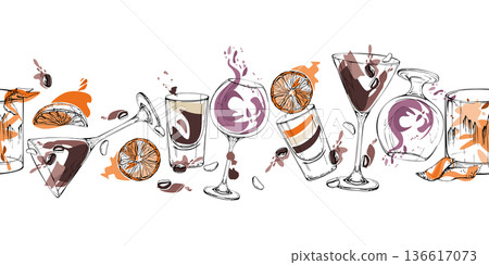 Layered B-52 shot, Irish cream chocolate, wine brandy whisky glasses. Warm citrus and coffee banner with subtle flat tones. Hand drawn for stationery, kitchen graphics, social headers and wrapping 136617073