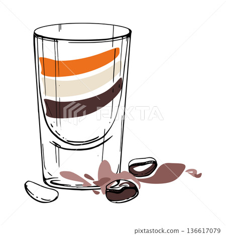 Layered vector B-52 cocktail with coffee beans garnish in beige and brown hues, clean flat fill, hand drawn ink shot glass outline. Isolated vector illustration for minimalist food and drink projects. 136617079