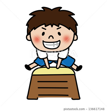 A lively and mischievous boy jumping over a vaulting box 136617148