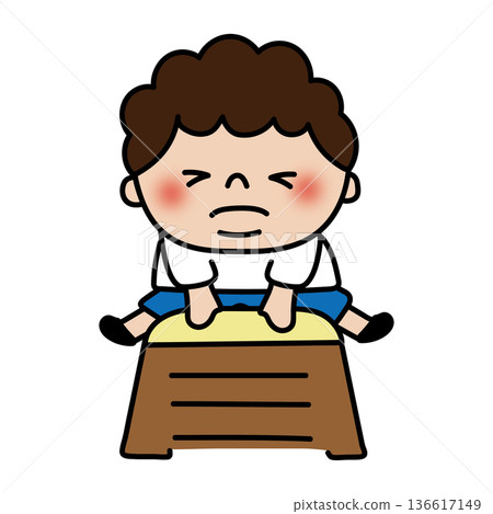 A chubby boy with curly hair jumping over a vaulting box 136617149