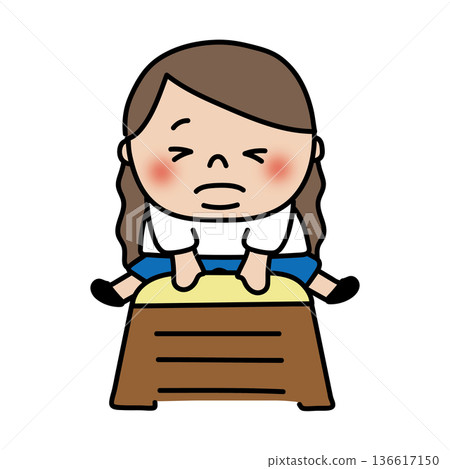 A chubby girl with long hair jumping over a vaulting box 136617150