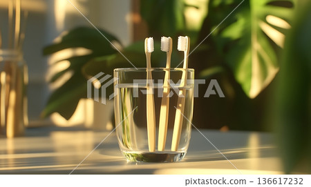 Toothbrushes in a Glass with Natural Light 136617232