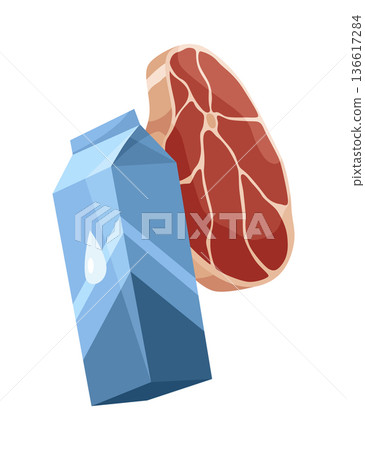 Cartoon Illustration of Milk Carton and Fresh Meat Slice 136617284