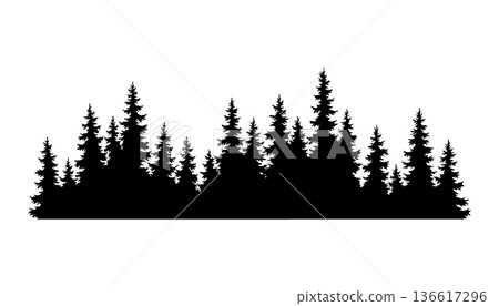 Fir trees silhouette. Coniferous spruce horizontal background pattern, black evergreen woods vector illustration. Beautiful hand drawn panorama of coniferous forest Fir trees silhouette. Coniferous spruce horizontal background pattern, black evergreen woods vector illustration. Beautiful hand drawn panorama of coniferous forest 136617296