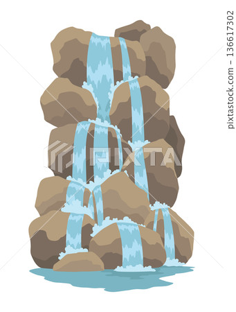 Cartoon river cascade waterfall. Landscape with mountains and trees. Design element for travel brochure or illustration mobile game. Fresh natural water Cartoon river cascade waterfall. Landscape with mountains and trees. Design element for travel brochure or illustration mobile game. Fresh natural water 136617302