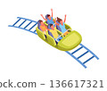 Roller coaster happy people. Rollercoaster. Friends riding in amusement park have fun positive emotion, park attractions. Young people having fun and enjoyment, cartoon vector illustration 136617321