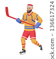 Ice hockey player. Athletes in uniform, dynamic pose, team sports on ice, winter game, forward, cartoon flat style isolated vector 136617324