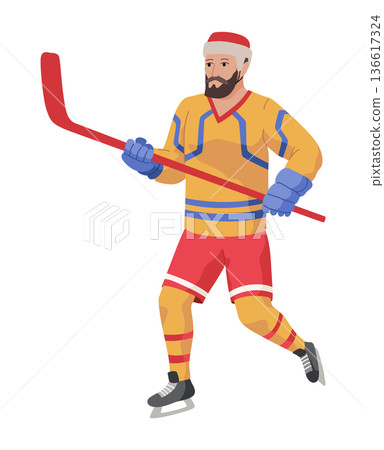 Ice hockey player. Athletes in uniform, dynamic pose, team sports on ice, winter game, forward, cartoon flat style isolated vector Ice hockey player. Athletes in uniform, dynamic pose, team sports on ice, winter game, forward, cartoon flat style isolated vector 136617324