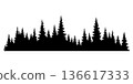 Fir trees silhouette. Coniferous spruce horizontal background pattern, black evergreen woods vector illustration. Beautiful hand drawn panorama of coniferous forest 136617333