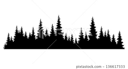 Fir trees silhouette. Coniferous spruce horizontal background pattern, black evergreen woods vector illustration. Beautiful hand drawn panorama of coniferous forest Fir trees silhouette. Coniferous spruce horizontal background pattern, black evergreen woods vector illustration. Beautiful hand drawn panorama of coniferous forest 136617333
