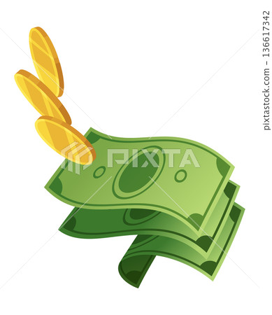 Cartoon money and coins. Paper cash, bills fly. Keeping money in bank. Green banknotes wealth, accumulation and inheritance. Flat vector money illustration. Objects isolated on white background 136617342
