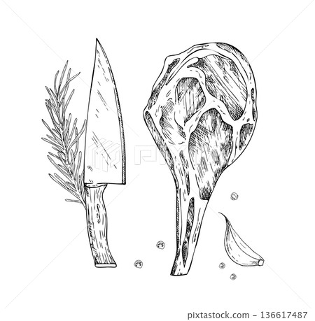 Vector Meat on the ribs with rosemary branch and peppercorns and garlic. Graphic ink knife, pork, ribeye, meet illustration, isolated on background. Hand drawn line sketch. For designers, prints, logo Vector Meat on the ribs with rosemary branch and peppercorns and garlic. Graphic ink knife, pork, ribeye, meet illustration, isolated on background. Hand drawn line sketch. For designers, prints, logo 136617487