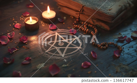 Pentagram symbol surrounded by candles and spiritual objects 136617747