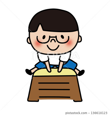 一個頭髮柔順、戴著眼鏡的男孩跳過了一個跳箱。 一個頭髮柔順、戴著眼鏡的男孩跳過了一個跳箱。 136618123