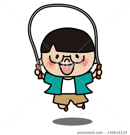 A boy with smooth hair and glasses jumping rope 136618129
