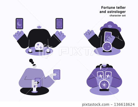 Fortune teller and astrologer character set with tarot cards, crystal ball, candles and mystical symbols. Vector illustration collection for spiritual and divination concepts. 136618624