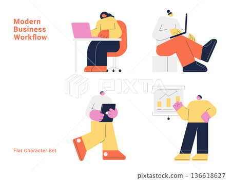 Modern business workflow character set with people working on laptop, tablet and presentation. Flat design vector collection for office, remote work and professional concepts. 136618627