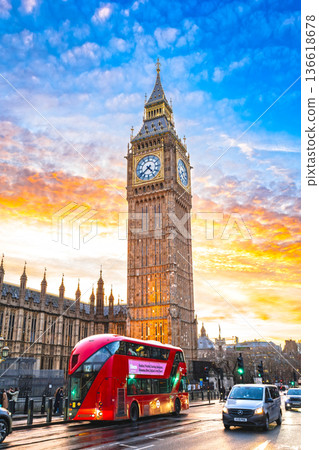 London: Elizabeth Tower (Big Ben) at sunset 136618678