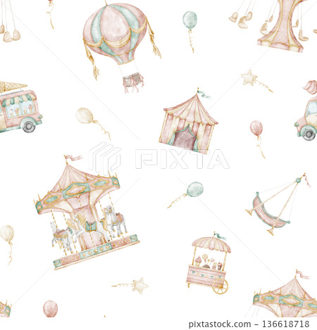 Seamless watercolor pattern with Ferris wheel, carousel, balloons and carnival elements in soft pastel colors. Nursery design with Amusement park for kids textiles, wallpapers, wrapping paper. Seamless watercolor pattern with Ferris wheel, carousel, balloons and carnival elements in soft pastel colors. Nursery design with Amusement park for kids textiles, wallpapers, wrapping paper. 136618718