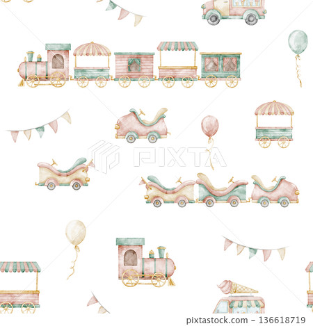 Watercolor seamless pattern with toy train, wagons and carnival elements in pastel tones. Cute background with vintage cars in nursery style for baby wallpaper, kids textiles, and surface design. Watercolor seamless pattern with toy train, wagons and carnival elements in pastel tones. Cute background with vintage cars in nursery style for baby wallpaper, kids textiles, and surface design. 136618719