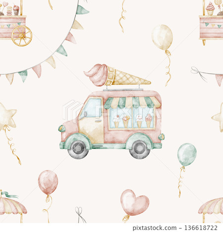 Ice cream truck watercolor seamless pattern with balloons and carnival elements. Background in soft playful style for kids wallpaper, nursery textiles, party stationery and wrapping paper. 136618722