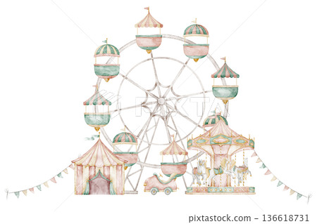 Watercolor Amusement park illustration with rides and tents in pastel vintage style. Ferris whale for children books, nursery wall art, posters, party invitations and fairground themed compositions. 136618731
